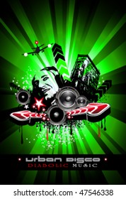 Urban Techno Music Event Background with Crazy DJ Shape for Disco Flyers