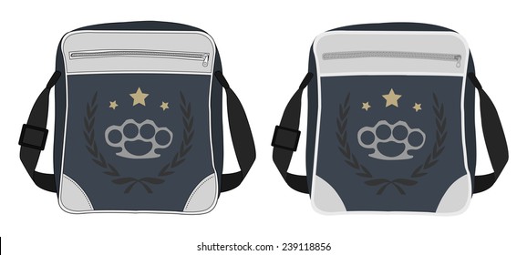 Urban teenager shoulder bag with print. Clip art color vector illustration isolated on white