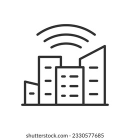 Urban telecommunication, linear icon, communication waves and buildings. Line with editable stroke