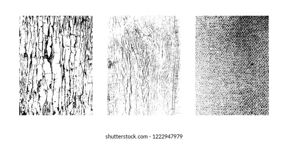 Urban textures, abstract grunge backdrops. Vector clipart collection isolated on white background. Artistic collection of design elements: wavy lines, fabric texture, grainy overlay patterns.