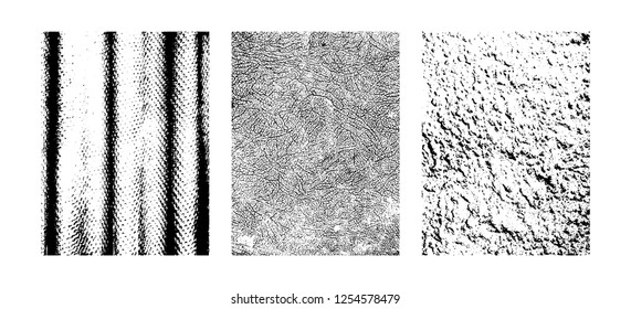 Urban textures, abstract grunge backdrops clipart collection isolated on white background. Vector collection of design elements, brush strokes, grungy lines, concrete texture, grainy overlay patterns.