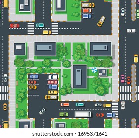 Urban top view area with building trees lawns and streets. Seamless urban repeating pattern for design and creativity concept.