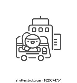 Urban tourism line black icon. Cute girl in bus kawaii pictogram. Sign for web page, mobile app, button, logo. Vector isolated element. Editable stroke