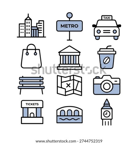 Urban Tourism Vector Icons Set – Cityscape, Metro, Taxi, Shopping, Museum