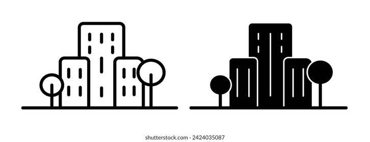 Urban Towers Line Icon. Skyscraper district icon in black and white color.