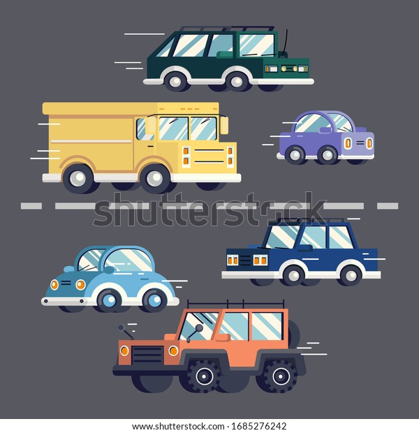 Urban traffic concept. Cars with different body types\
move along the road in two directions in conditions of heavy\
traffic: station wagon, sedan, mini car, van, SUV. Flat vector\
illustration. 