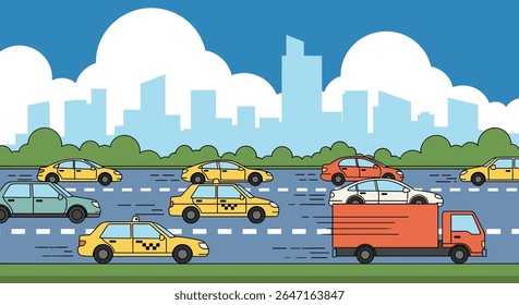 Engarrafamento urbano com a linha do horizonte da cidade e veículos na estrada