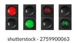 Urban traffic lights set isolated on white background. Vector realistic illustration of red stop and green go signals for pedestrians, transport and bicycle, semaphore lights, street warning stoplight