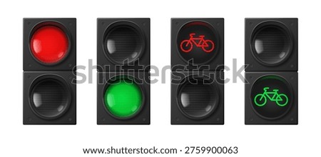 Urban traffic lights set isolated on white background. Vector realistic illustration of red stop and green go signals for pedestrians, transport and bicycle, semaphore lights, street warning stoplight