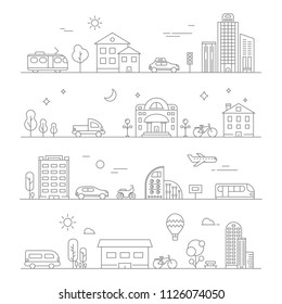 Urban traffic. Linear transportation symbols isolate. City road and transport, cityscape outline, vector illustration