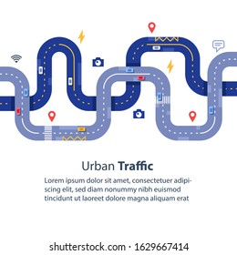 Urban traffic management, roads top view, data gathering, safety improvement, navigation  and tracking cars, vector flat illustration