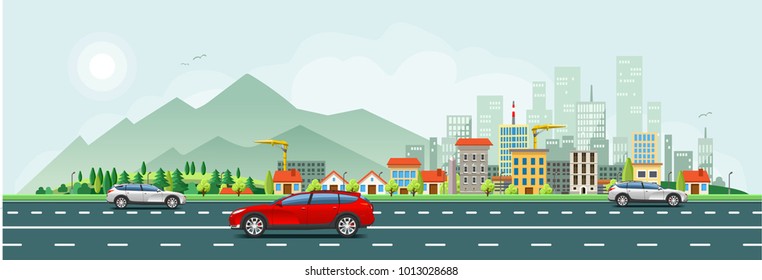 Urban traffic and office buildings wallpaper. Horizontal vector design.