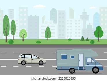 Tráfico urbano, carretera en el fondo de la ciudad. Moviendo autos en la calle. Ilustración del vector 