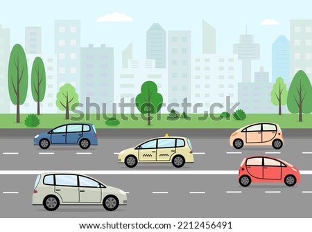 Urban traffic, road highway in the background of the city. Moving cars on the street. Vector illustration 