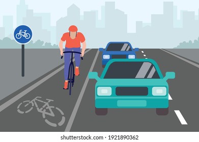 Urban traffic road lane with biking path. Cars on the highway and a cyclist on the bike path. Bike path sign. Traffic rules.  Front view of the asphalt city road. Flat vector illustration.