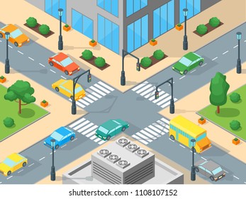 Urban Traffic Template Isometric View Landscape Background Scene in City Card Map for Advertising Service Taxi. Vector illustration