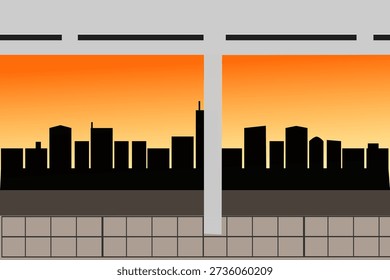 Urban train station platform with city skyline silhouette at sunset. Vector illustration of public transportation environment with warm gradient sky.