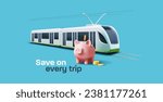 Urban tram rail public transport illustration with saving money banner with pink pig bank, promo