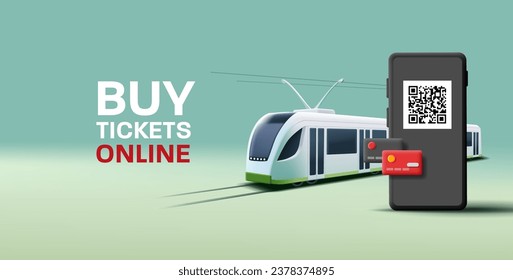 Urban tram rail public transport illustration with smartphone for online ticket, digital purchase promo banner