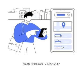 Ilustración vectorial de concepto abstracto de aplicación de transporte urbano. Proceso de búsqueda de rutas con ayuda de la aplicación para smartphones, transporte público urbano, software de navegación para metáforas abstractas del metro.