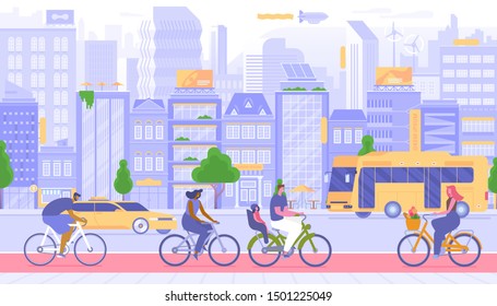 Urban transport, city travel vector illustration. Happy people on bicycles outdoors cartoon characters. Personal and public vehicles. Taxi cab and bus on road, citizens cycling on sidewalk