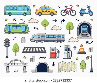 Urban transport collection featuring public bus and yellow taxi cab. Set includes electric scooter and red bicycle with green tram and modern train. Infographic elements showcase traffic lights and fuel station icons. City landscape details include bridge and tunnel with map and road signs.