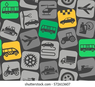 Urban transport, colored background, seamless. Yellow and green flat icons for public transport on the grey background. Vector background. Urban transport. 