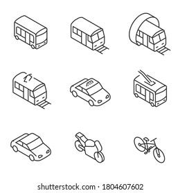 Urban transport, icon set. isometric linear icons. Line with editable stroke