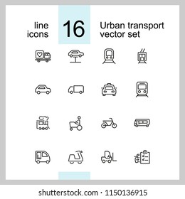 Urban transport icons. Set of  line icons. Tram, bicycle, parking. Vehicle concept. Vector illustration can be used for topics like transportation, travel, trip