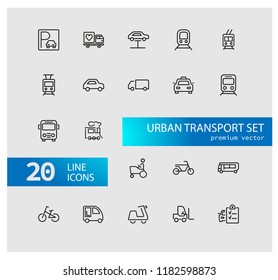 Urban transport icons. Set of  line icons. Tram, bicycle, parking. Vehicle concept. Vector illustration can be used for topics like transportation, travel, trip