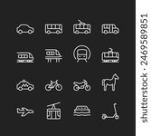 Urban transport icons, white lines on black background. Public transit - cars, buses, trains, subways, motorcycles, ships, bicycles, cable cars. Customizable line thickness