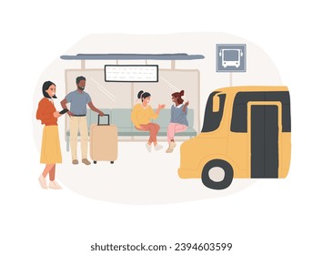 Urban transport isolated concept vector illustration. Public transport system, urban busy roads, car traffic, platform of subway station, bus stop, people waiting, metro railway vector concept.