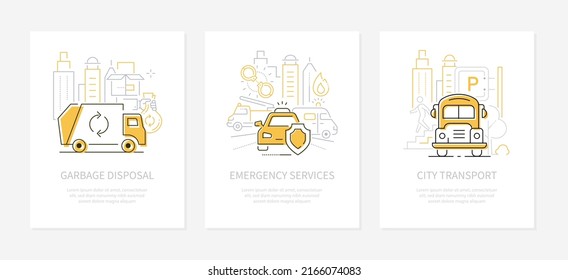 Transporte urbano - banderas de diseño de línea con lugar para texto. Eliminación de basura, servicios de emergencia, ilustraciones de transporte público. Idea de diferentes modos de vehículos. Imágenes de autobuses, coches y camiones