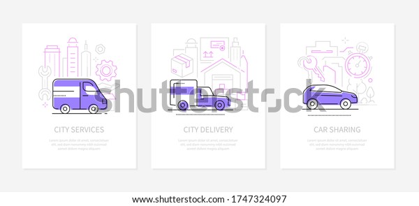 Urban transport - line design style banners set\
with place for text. City delivery, car sharing and services\
illustrations. Different modes of transportation idea. Minibus,\
van, vehicle images