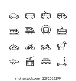 Urban transport, linear style icons set. Public transportation. Car, bus, train, subway, motorcycle, motor ship, bicycle, cable car. Editable stroke width