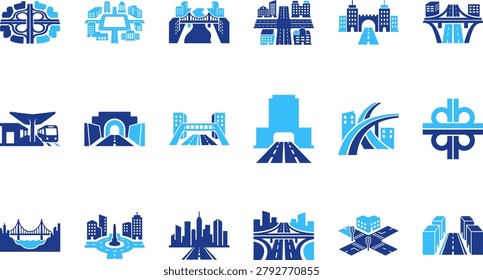 Urban transport network featuring bridges, highways, and cityscapes, rendered in blue hues.