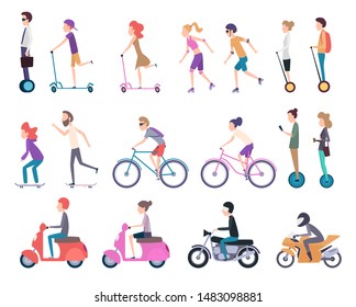 Urban transport. People riding city bicycle driving electrical scooter skate and rollers, transportation vector cartoon illustrations