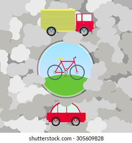Urban transport and pollution. Polluted environment. Car and truck surrounded by smoke. Bike like a green transport.