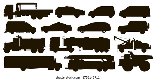 Urban transport set. City public special service automobile vehicle silhouettes. Isolated police, ambulance car, school bus, tow, dump, fire truck, taxi, van flat icon collection. Urban auto transport