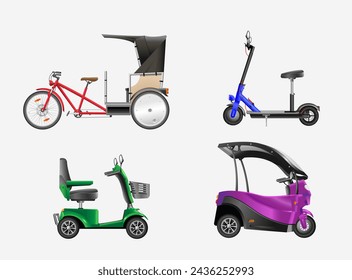 Urban transport. Set of electric scooters and carts on a white background. Vector realistic illustration