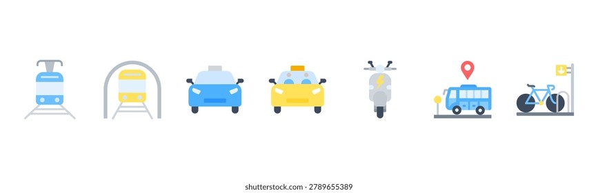 Urban Transport set featuring Tram, Subway, Taxi, Ride Share Car, Electric Scooter, Bus Stop, Bicycle Rack for city mobility visuals.