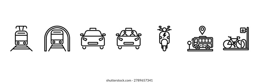 Urban Transport set featuring Tram, Subway, Taxi, Ride Share Car, Electric Scooter, Bus Stop, Bicycle Rack for city mobility visuals.