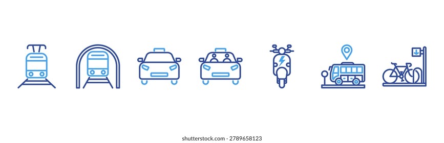 Urban Transport set featuring Tram, Subway, Taxi, Ride Share Car, Electric Scooter, Bus Stop, Bicycle Rack for city mobility visuals.