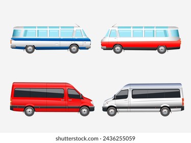 Urban transport. Set of minibuses from different years on a white background. Vector illustration
