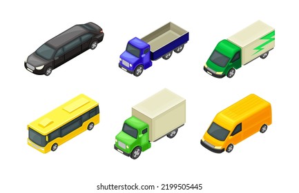 Urban Transport And Street Vehicle With Bus, Truck And Motor Car Isometric Vector Set