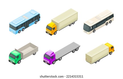 Urban Transport And Street Vehicle With Bus And Truck Isometric Vector Set