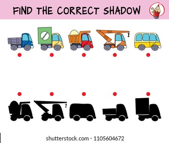 Urban Transport. Truck, Van, Tipper, Truck Crane And Bus. Find The Correct Shadow. Educational Matching Game For Children. Cartoon Vector Illustration