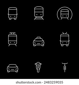 Urban transport, white line icons. Front view of public transportation vehicles. Ideal for city and infrastructure themes. Symbols on black background. Editable stroke.