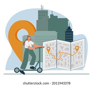 Urban transportation abstract concept vector illustration. Personal electric transport, bike sharing, bike paths network, scooter rental application, book ride online, city map abstract metaphor.