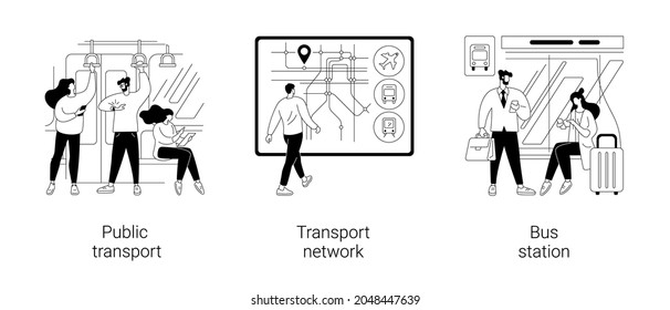 Urban transportation abstract concept vector illustration set. Public transport, transport network, bus station, buy ticket, car traffic, smart city, rush hour, passenger abstract metaphor.